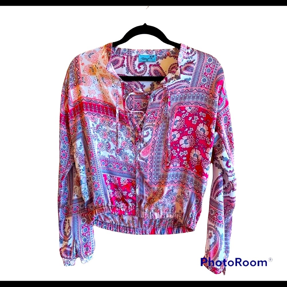 Letarte Pink Paisley Silk Long Sleeve Blouse with Lace Up Detail